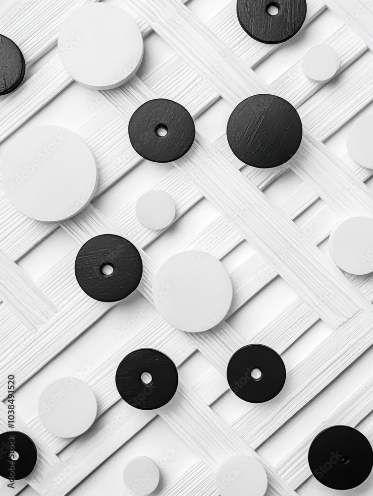 Aufkleber the artwork showcases a diagonal grid with variously sized black and white circles against a texture