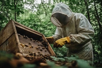 beekeeper inspecting beehive in forest