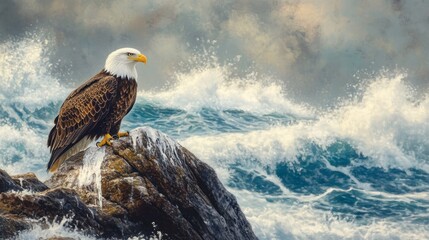 Fototapeta premium A bald eagle resting on a rock by the coastline, with waves crashing in the background.