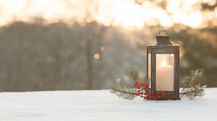 Rustic Christmas Lantern on Snow with Berries and Fir Branches