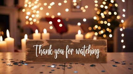 Wooden sign saying thank you for watching on a table with a cozy christmas background with warm lights. 