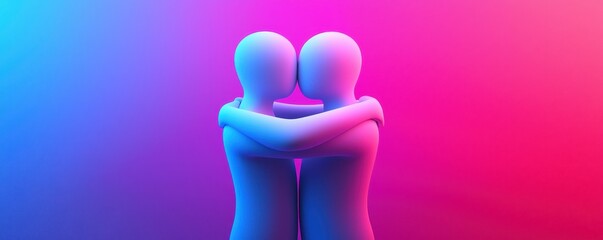 Two stylized figures embracing in a vibrant pink and blue gradient background, symbolizing love, connection, and unity.