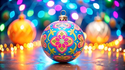 Obraz premium Colorful bright Christmas tree ball with painted ornament. Winter holiday template with 3D festive decor on sparkling glitter bokeh. Collection Merry Christmas and Happy New Year greeting glamour set.