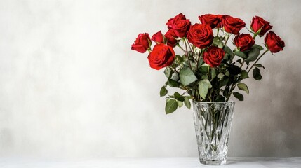 Naklejka premium A bouquet of red roses in bloom, arranged in a crystal vase against a white background.