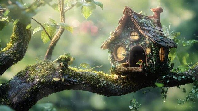 Fairy house on top of a tree. Seamless looping time-lapse virtual 4k video animation background