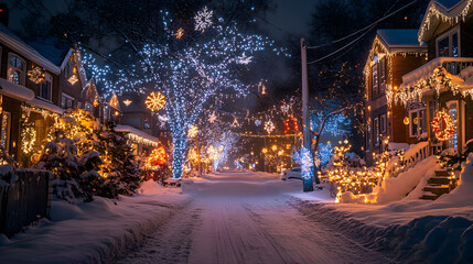 A photo of Christmas lights on a snowy street, with decorated houses as the background, during a cold winter night
