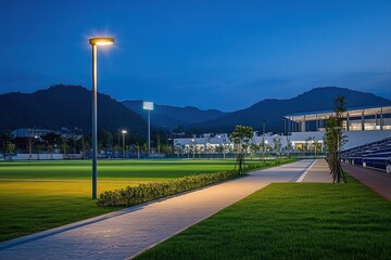 Naklejka premium A photograph of the exterior environment, showcasing modern lighting and green spaces