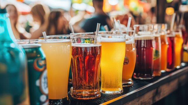 Craft beer alternatives like alcohol-free IPAs, fruity sodas, and exotic non-alcoholic drinks on display at an Oktoberfest stand, with people sampling unique beverages.