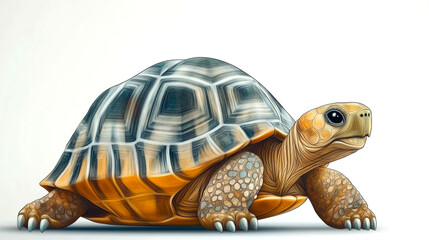 Obraz premium A detailed illustration of a tortoise with a brown, black, and yellow shell, looking to the right with a white background.