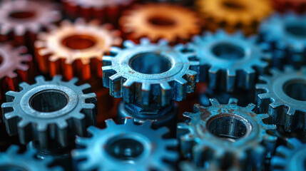A close up of many different colored gears. The gears are all different sizes and colors, and they are all lined up next to each other. Concept of complexity and diversity, as each gear is unique