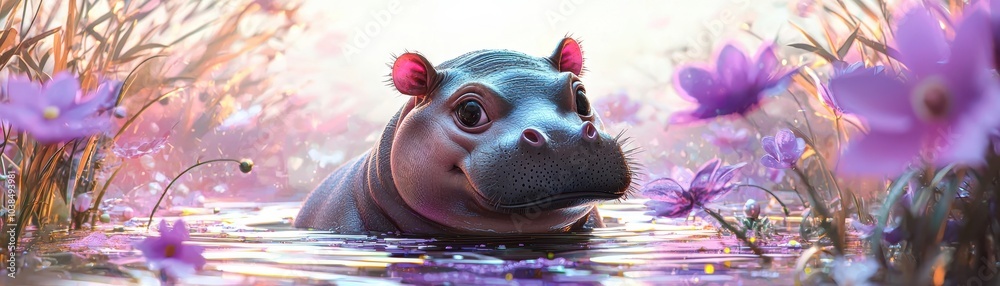Wall mural a charming baby pygmy hippo with wet skin immersed in an ai-driven virtual reality game, standing in