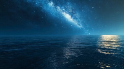 A calm ocean under a blue sky, with stars beginning to appear and the galaxy's band faintly visible above.