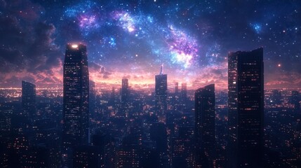 Obraz premium A cityscape at night with the galaxy visible above, stars shining brightly amidst the city's silhouette.