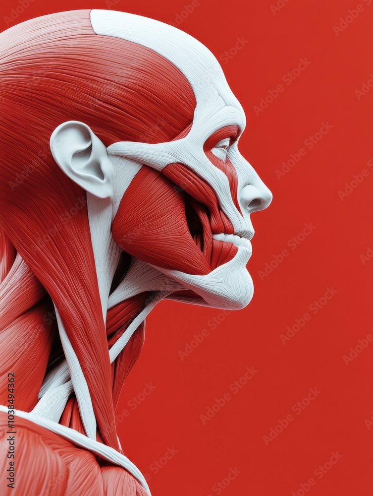 Aufkleber Explore the intricate details of human muscle anatomy with a close-up view showcasing red and white tissues against a vivid backdrop. Generative AI