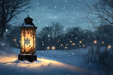 Cozy winter night scene with glowing lantern and falling snow
