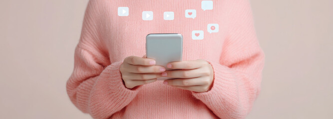 Close-up of young woman's hand using smartphone. This concept represents digital marketing and online community building.