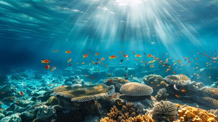 Fototapeta premium Sun rays illuminating the water in a tropical reef