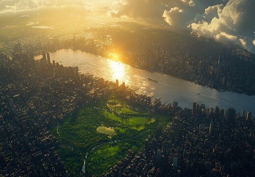 Fototapeta A photograph of the city and green fields of New York, seen from above. The sun is rising over them
