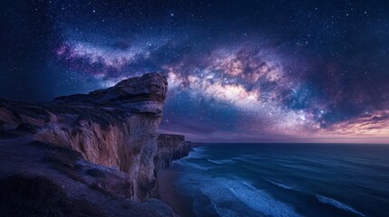 A cliffside campsite under a starry sky, with the galaxy arching over the horizon in a breathtaking display.