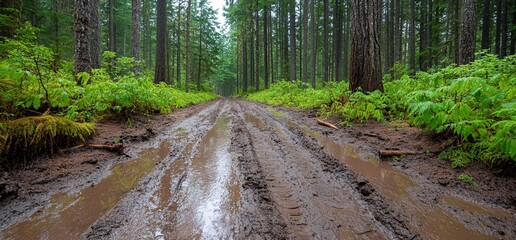 A muddy forest road surrounded by tall trees and lush greenery. - Powered by Adobe