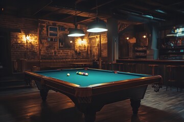 A pool or billiards table in a pool hall or bar with bedcap. Generative Ai