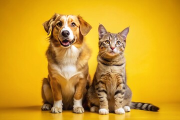 Fototapeta premium Charming cat and dog portrait with a bright yellow backdrop—ideal for pet enthusiasts, showcasing playful pals and heartwarming moments in beautiful animal photography.