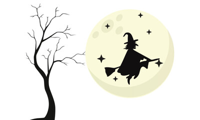 Halloween scary night background with moon in sky, castle and ghosts. Happy Halloween backdrop illustration