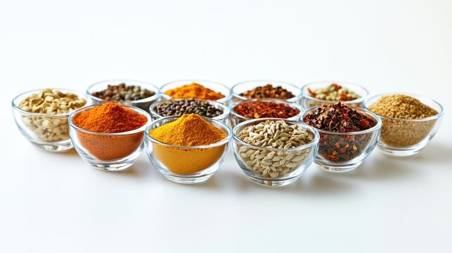A collection of assorted spices in small glass bowls, including vibrant turmeric, deep red paprika, and fragrant cumin seeds, beautifully presented against a bright white background
