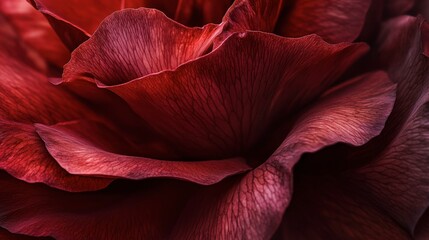 A close-up of the intricate layers of petals on a blooming red rose, showing every detail.
