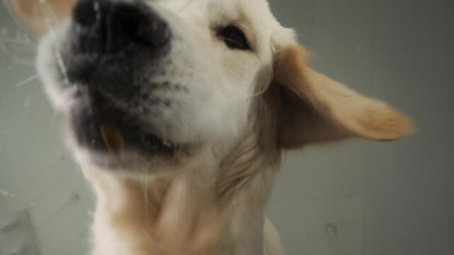 Hungry golden retriever eats dry food, bottom view through a transparent bowl