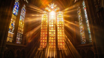 Obraz premium Sun rays shining through a stained glass window in a church