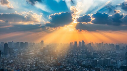 Obraz premium Sun rays shining through the clouds over a busy city skyline