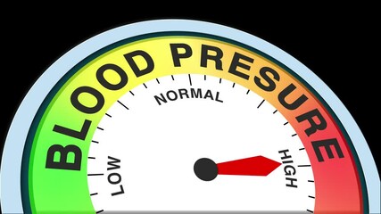 Blood Pressure Level Text or Word Low and Medium to High Meter Concept Animation on Black Background and Blue Screen