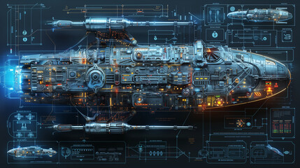 Futuristic spaceship blueprint with technical diagrams and glowing circuitry, showcasing advanced spacecraft design