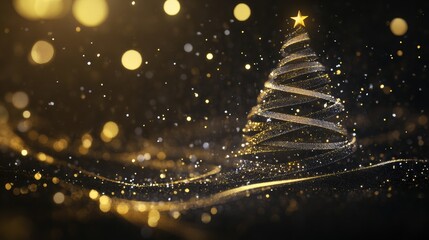 Golden and silver lines intertwine to form a delicate silhouette of a Christmas tree, decorated with sparkling elements against dark hues. Generative AI