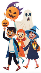 Cute Halloween illustration of children in costumes trick-or-treating with pumpkin lanterns, ghost, and witch outfits, 할로윈 유령과 마녀 의상을 입고 호박 등불을 들고 사탕을 받으러 가는 귀여운 어린이들 일러스트