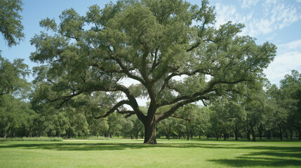 a large, leafy green tree in a lush, grassy landscape. Its broad canopy provides ample shade, and the surrounding area is filled with smaller trees, creating a serene and tranquil outdoor scene