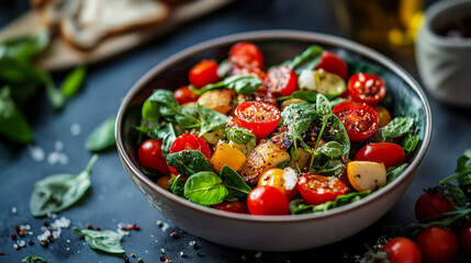 Fresh garden salad with cherry tomatoes and spinach in a bowl on a rustic table