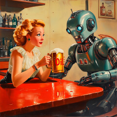 Retro-style robot sharing a drink with a woman at a bar