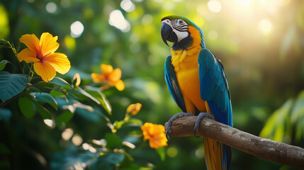 Close-up image of an Ara parrot on a tropical tree branch in the rainforest