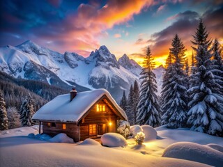 Naklejka premium Charming winter cabin nestled in a snowy mountain setting, captured in long exposure. A serene and tranquil retreat in a picturesque winter wonderland.