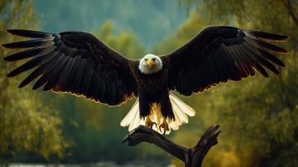Obraz premium A dramatic shot of a bald eagle landing on a branch, wings spread wide for balance.