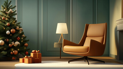 A brown chair sits in front of a Christmas tree