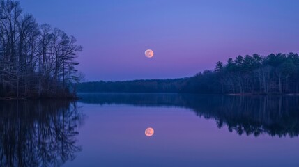 The full moon rising over a serene lake, reflected in the still water