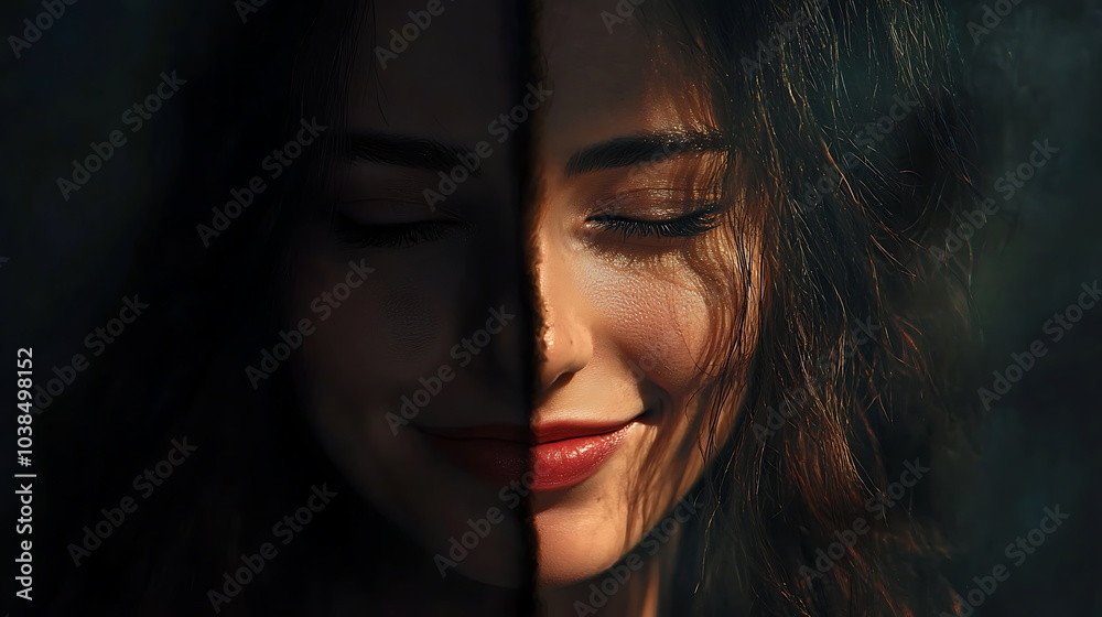 Poster Exploring the intricacies of emotion through the halfsmiling expression of a woman captured in soft light and shadows