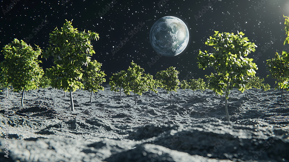 Poster imagining a future trees growing on the moon against the backdrop of earth in a cosmic landscape of 