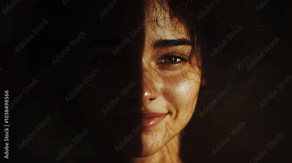 Poster captivating portrait of a smiling woman with half her face in shadow evoking a sense of intrigue and