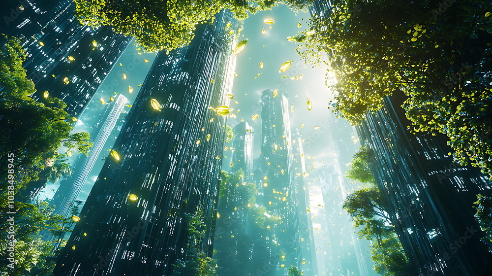 Poster a harmonious fusion of nature and futuristic architecture lush greenery embraces towering innovation
