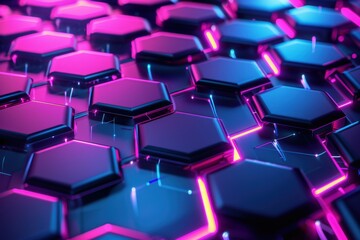 Fototapeta premium Abstract hexagonal pattern with neon pink and blue lighting