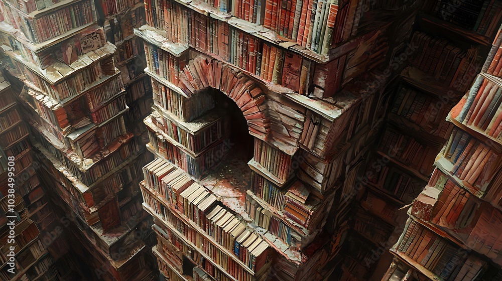 Poster A majestic library tower constructed from books as bricks showcasing the spines that create a unique architectural wonder filled with knowledge